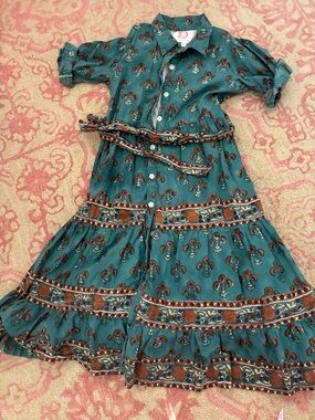 Victoria Dunn Teal Floral Button-Front Tiered Dress with Belt